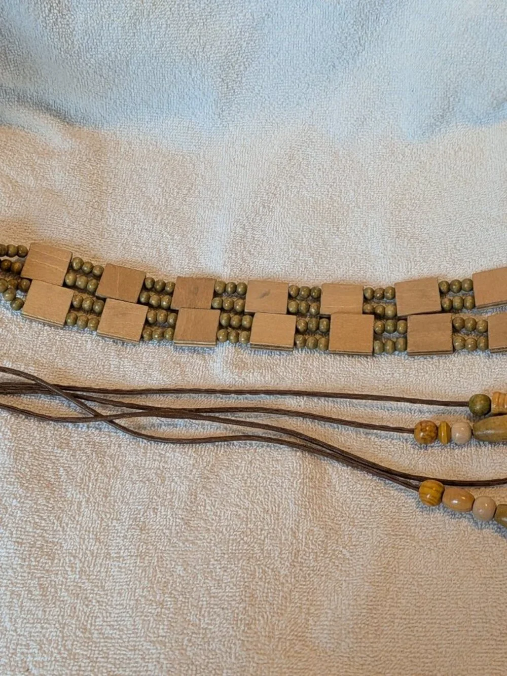 Wood and Bead Tie Belt Green Brown Wooden Beads Accent